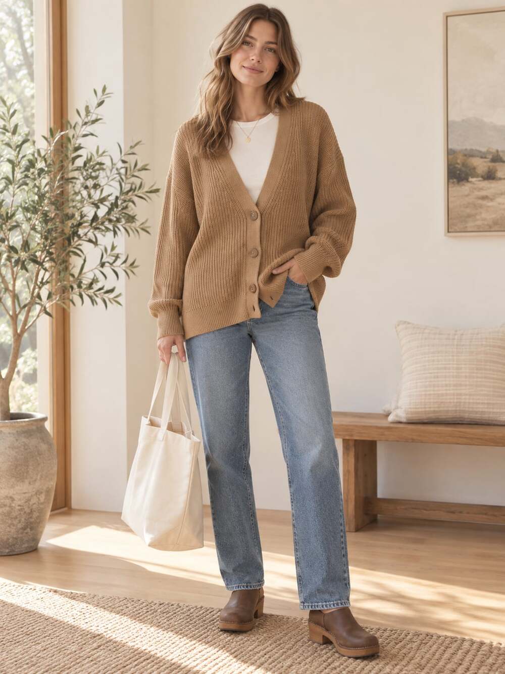 Quince 100% Organic Cotton Oversized Cardigan Camel Chunky Knit 1X